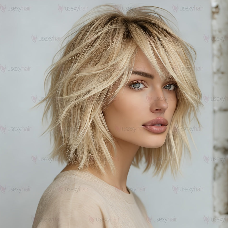 USEXY Women's 613 Blonde Short Straight Mullet Wig with Bangs - 180% Density Human Hair Suitable for Instant Volume & Fullness, Rose Net, Wolf Haircut Hairstyle for Daily Wear, Parties, Valentine's Day, Straight Hair for Skin Tones