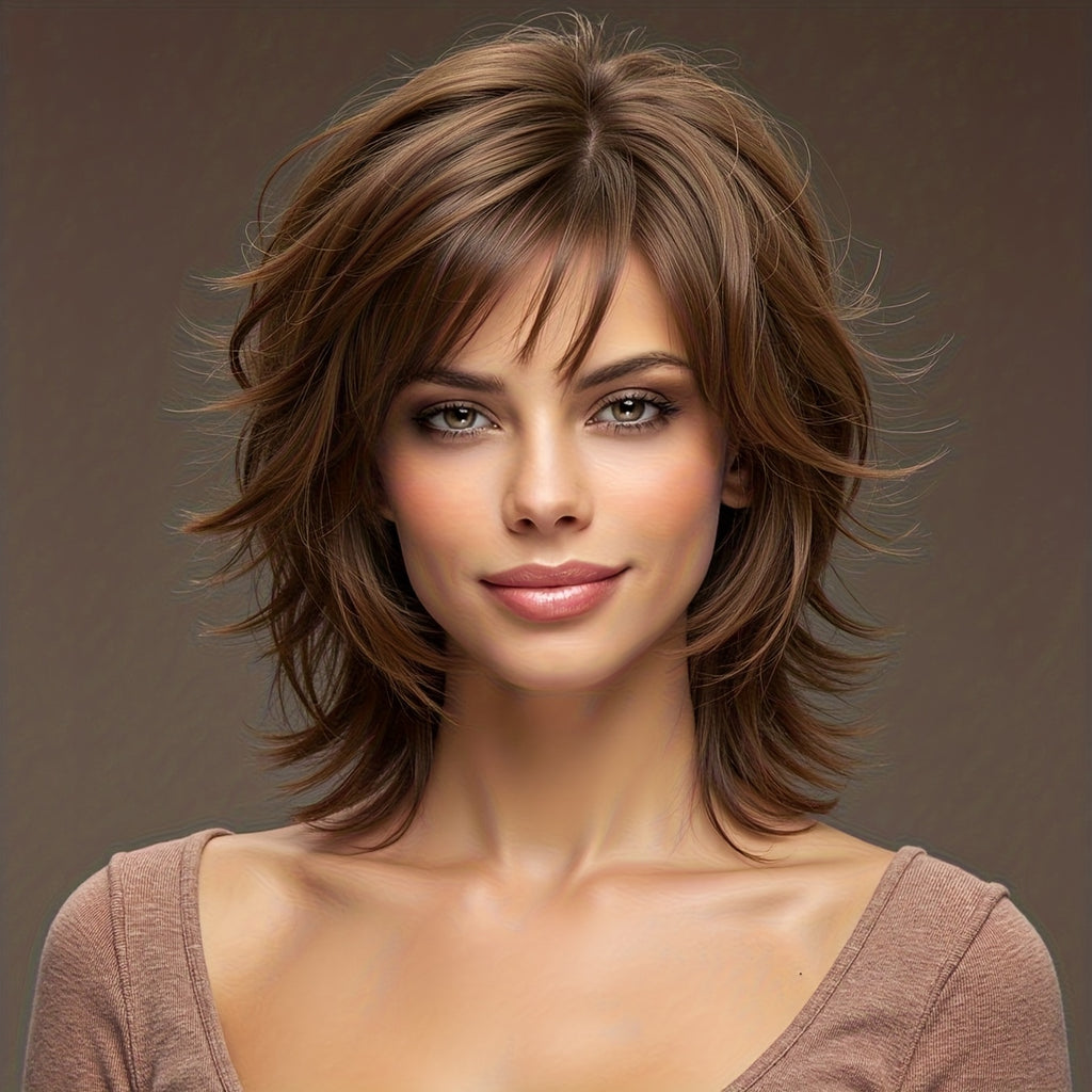 12-Inch Brown Mullet Short Wig with Bangs - Synthetic Fiber Rose Net Hair Suitable for Cosplay, Parties, Christmas Events - -Looking Short Cut & -Resistant Wig