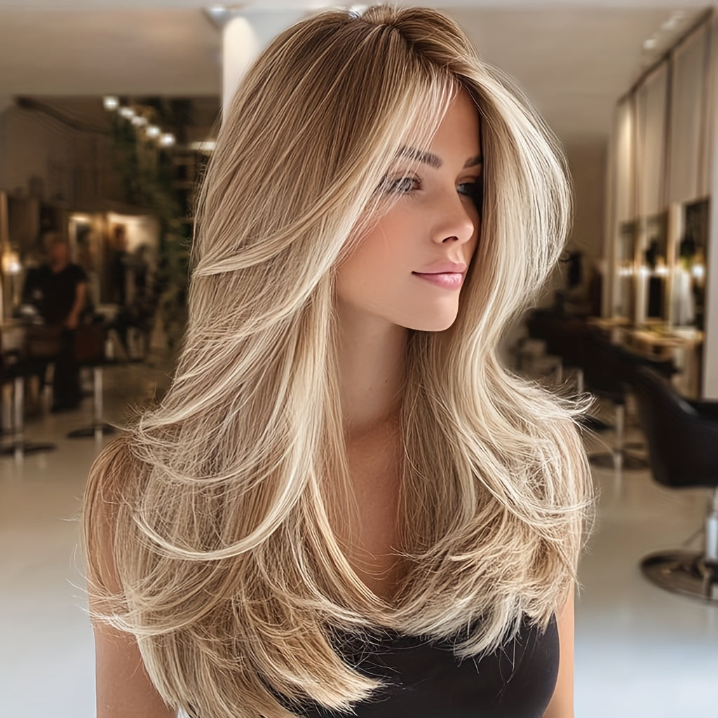 22-Inch Ombre Platinum Blonde Wig for Women - Heat-Resistant Synthetic Hair, & Lightweight, Straight Style, Rose Net Cap, Perfect for TikTok, Instagram