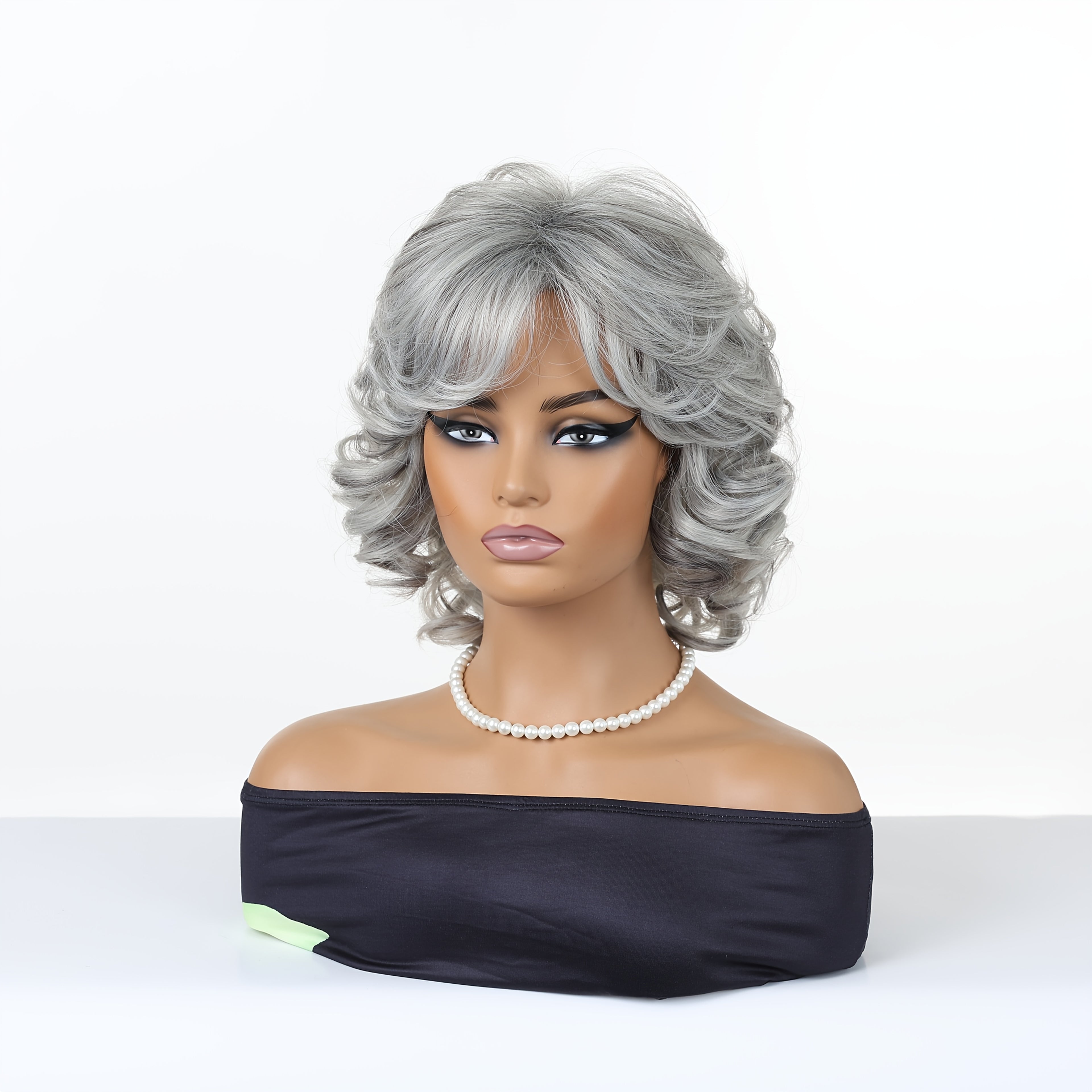 12-inch Women's Elegant Gray Bangs Curly Wig with High-Temperature Synthetic Fiber & Rose Net - Body Gray Hair Suitable for Cosplay, Parties, Daily Wear - -Resistant Wig for Skin Tones & Occasions