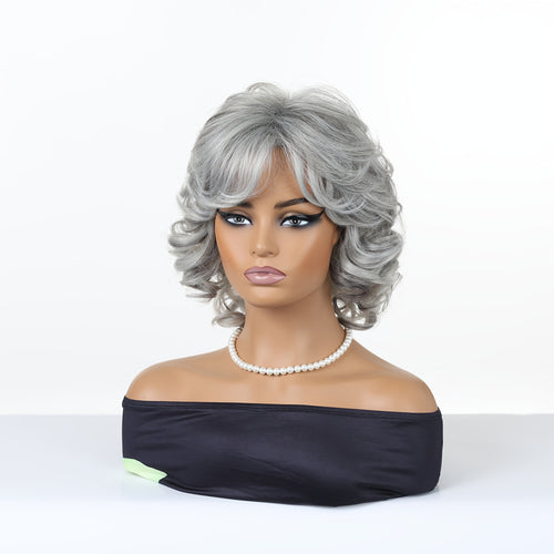 12-inch Women's Elegant Gray Bangs Curly Wig with High-Temperature Synthetic Fiber & Rose Net - Body Gray Hair Suitable for Cosplay, Parties, Daily Wear - -Resistant Wig for Skin Tones & Occasions