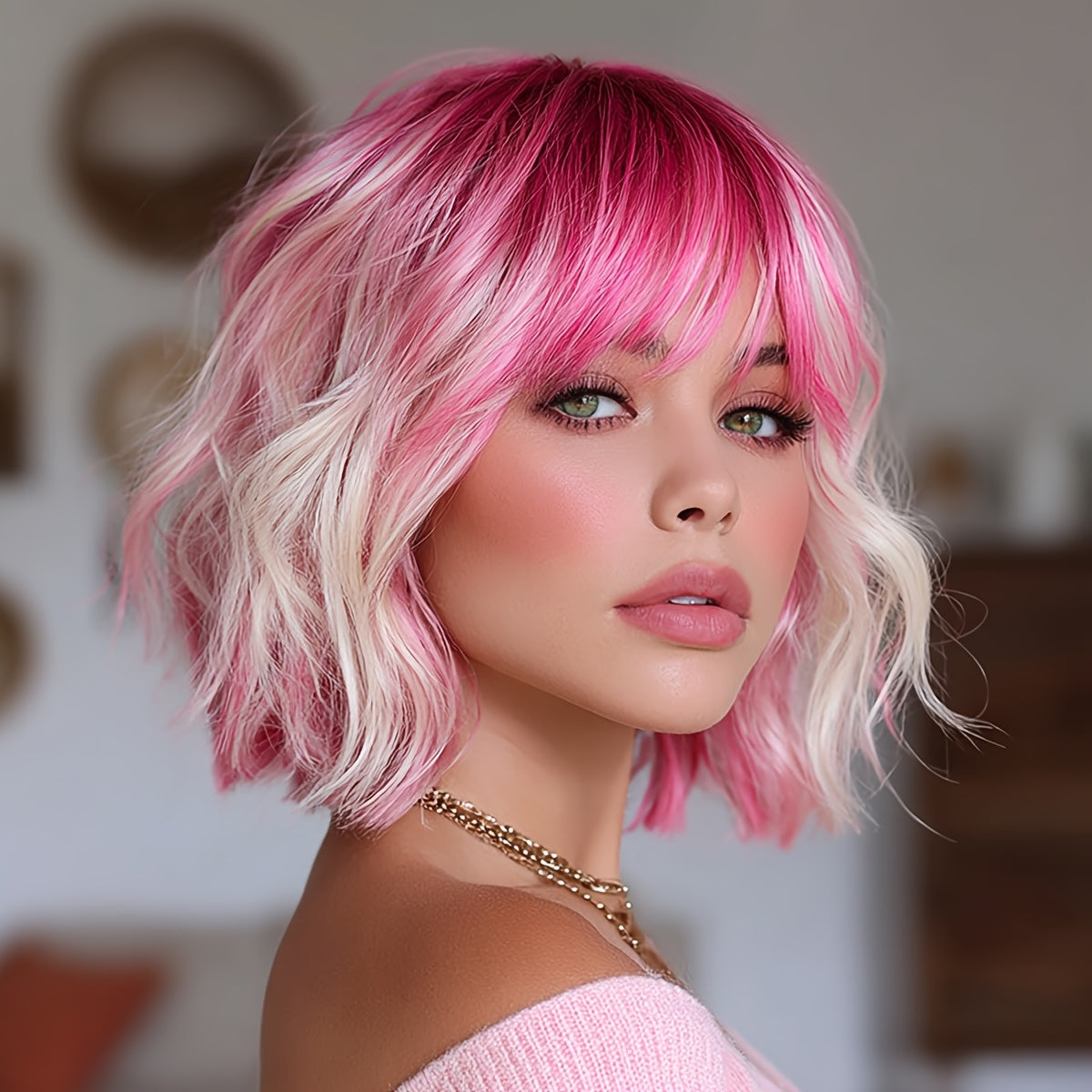 14 Inches, Short Pink Gradient Dyeing Bob Hair, Straight Bangs, Comfortable And Breathable, Women'S Wig, High Temperature Fiber, Suitable for Daily\u002F Wear
