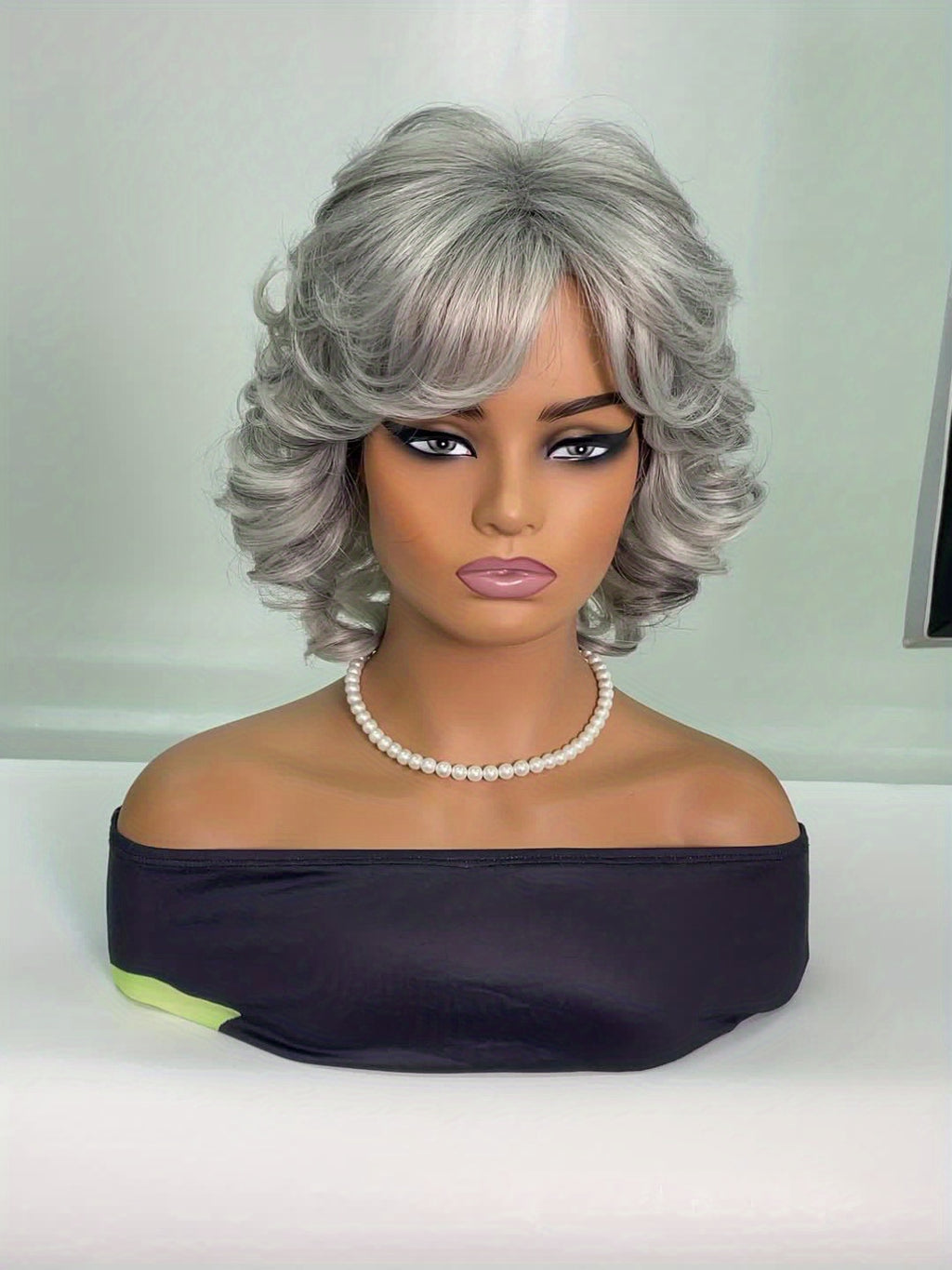 12-inch Women's Elegant Gray Bangs Curly Wig with High-Temperature Synthetic Fiber & Rose Net - Body Gray Hair Suitable for Cosplay, Parties, Daily Wear - -Resistant Wig for Skin Tones & Occasions