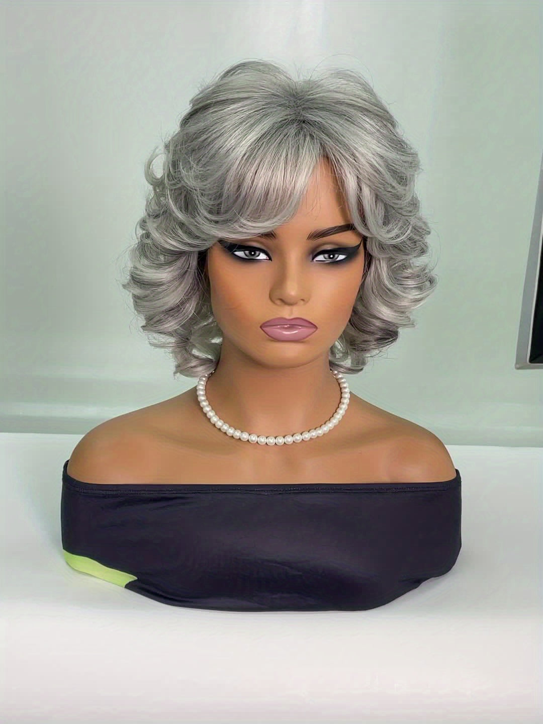12-inch Women's Elegant Gray Bangs Curly Wig with High-Temperature Synthetic Fiber & Rose Net - Body Gray Hair Suitable for Cosplay, Parties, Daily Wear - -Resistant Wig for Skin Tones & Occasions
