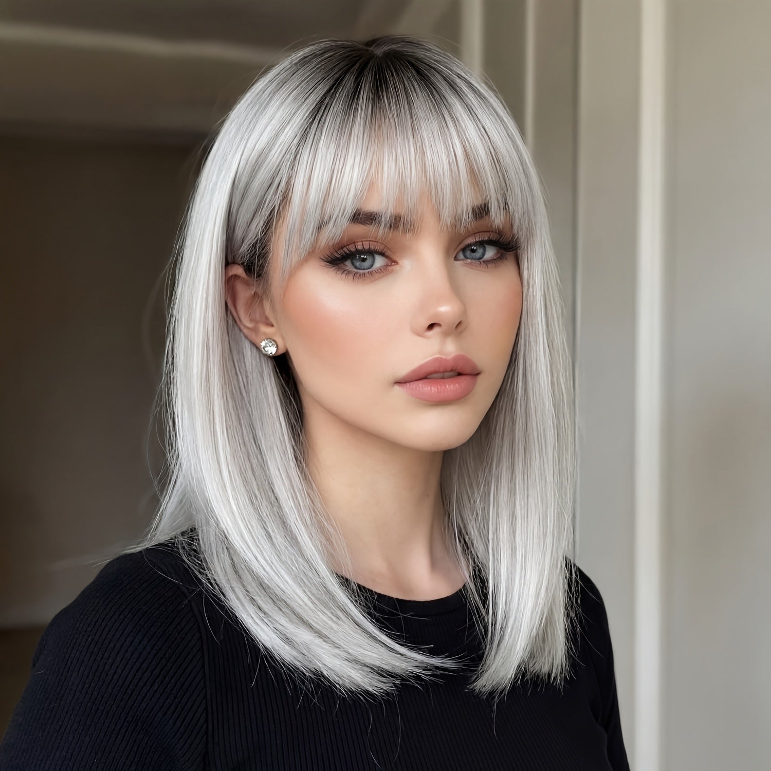 18 Inch Women'S Fashion Medium-Long Synthetic Wig with Bangs | Heat Resistant Adjustable Rose Net Cap, Perfect for All Occasions, High Temperature Fiber, Straight Hair, Brand: SMILCO