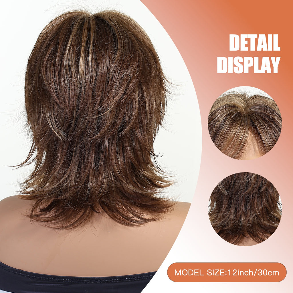 12-Inch Brown Mullet Short Wig with Bangs - Synthetic Fiber Rose Net Hair Suitable for Cosplay, Parties, Christmas Events - -Looking Short Cut & -Resistant Wig