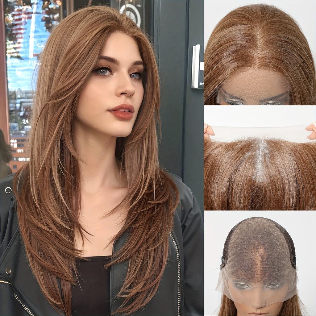 13x6 HD Transparent Lace Front Wig 22Inch Brown Color Straight Hair Synthetic Lace Wig Glueless Lace Wig High Temperature Chemical Fiber Daily Wear&Christmas&Music Festival&Party-Natural Look & Comfort Fit
