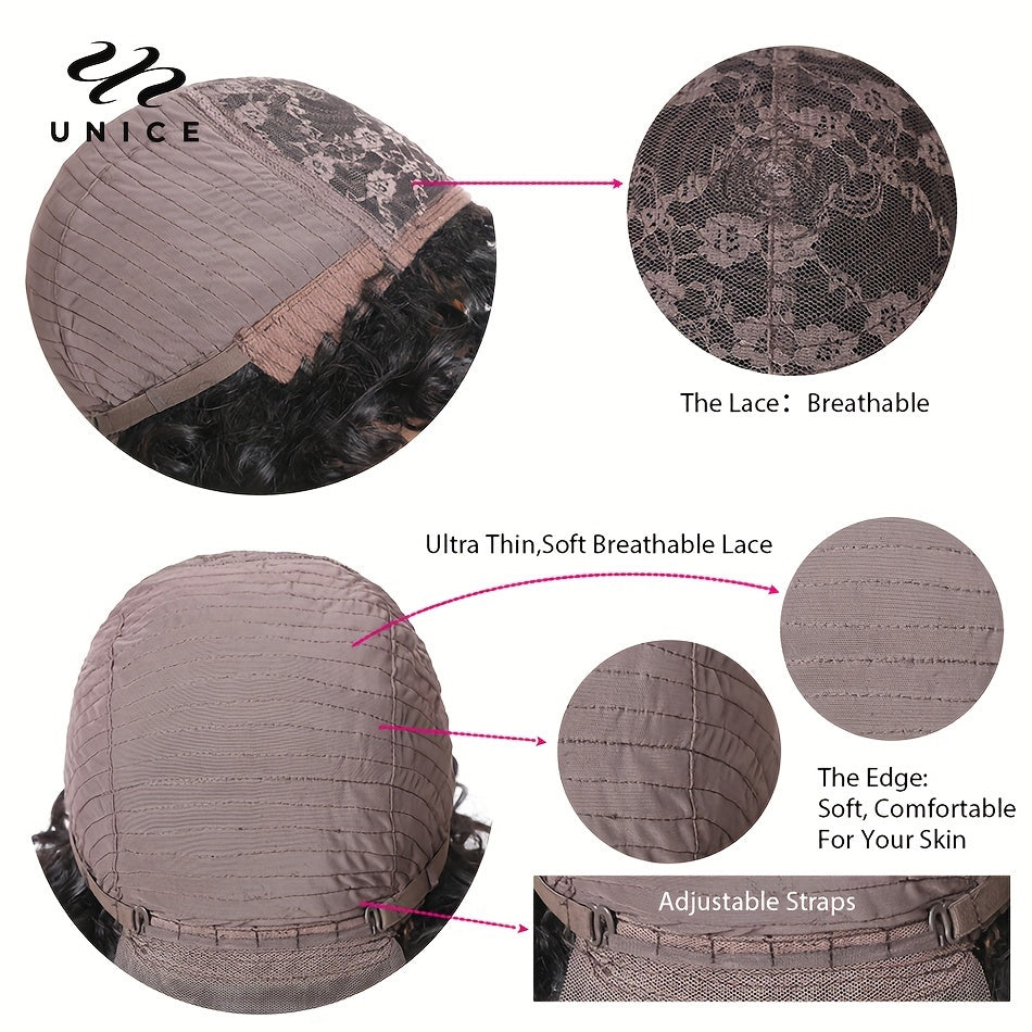 Unice Hair Short Loose Curly Pixie Cut Bob Wig with Bouncy Waves & Fluffy Curls - Density Brazilian Human Hair Wigs for Women & Men, Natural Volume & Texture, Unisex Short Hairstyle for Daily & Special Occasions (Rose Net Cap)